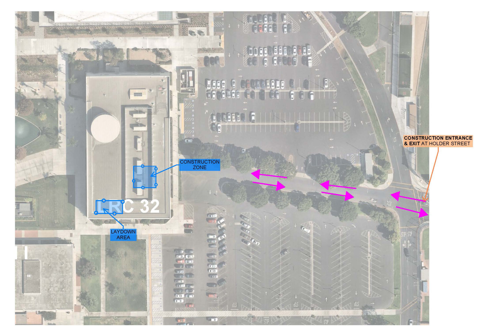 Aerial view with directional areas depicting construction of Library and Learning Resource Center tutoring area