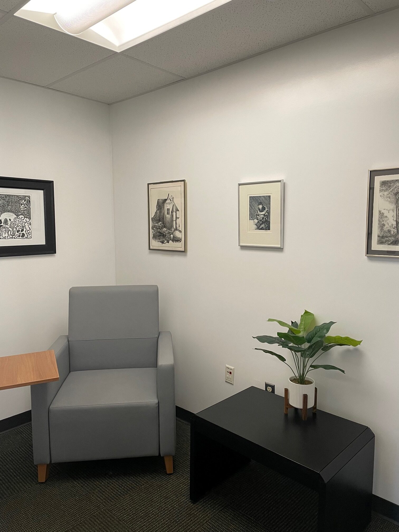 Chair, tables, a plant, and photos in a room