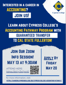 A flyer describing an information session on the Cypress College Accounting Program Pathway.