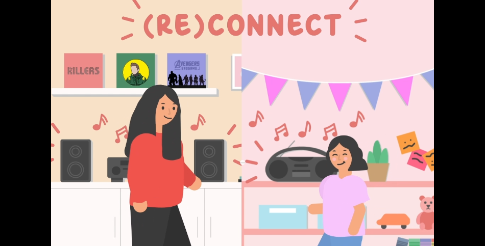 Animated image of a young girl at left and a younger, "inner child" version of her on the right, listening to music on their respective devices and dancing.
