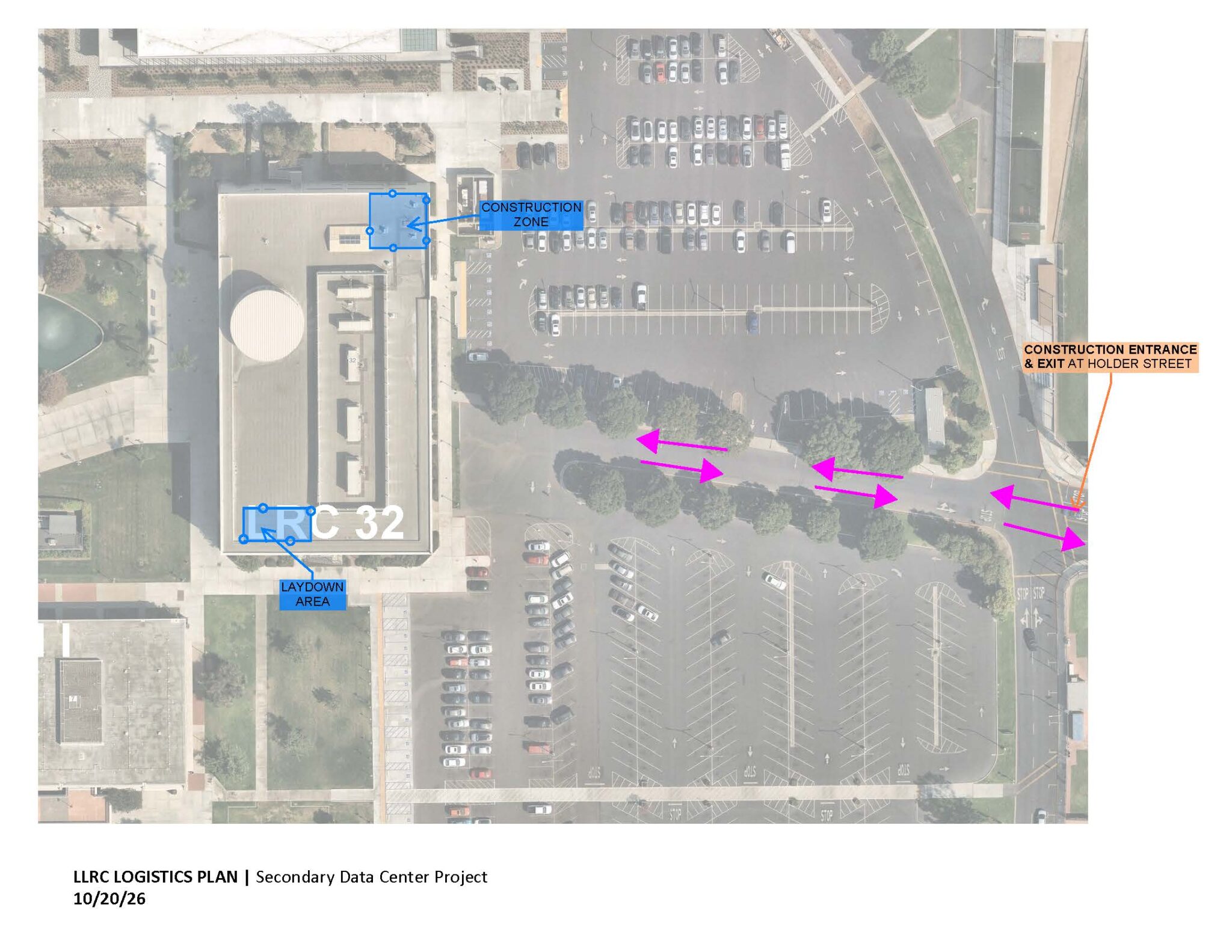 Aerial logistics plan showing construction zone, laydown area, parking lot traffic flow, and construction entrance at Holder Street.