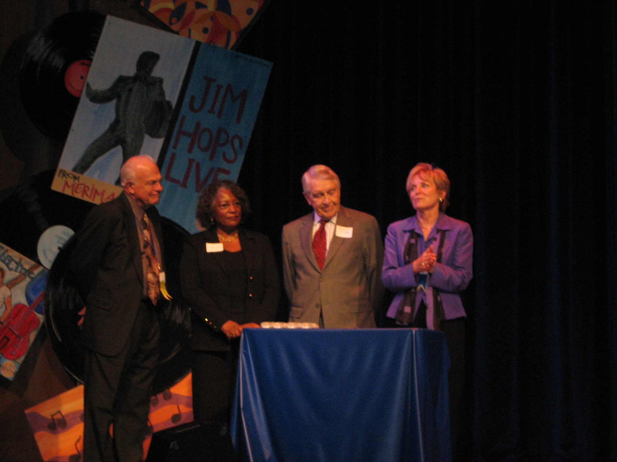 Four Cypress College presidents met on stage during Cypress College’s 40th anniversary celebration in 2006 (l to r): Don Bedard (Interim president, 1977-78 and 1998-99); Dr. Christine Johnson McPhail (President, 1995-98); Dr. Jack Scott (President, 1978-87); and Dr. Margie Lewis (President 1999-2007)
