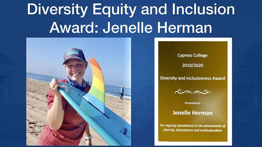 Award for Jenelle Herman; Jenelle standing with surfboard