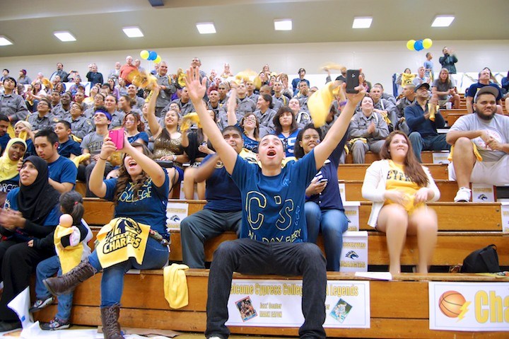 Fans in stand at basketball game