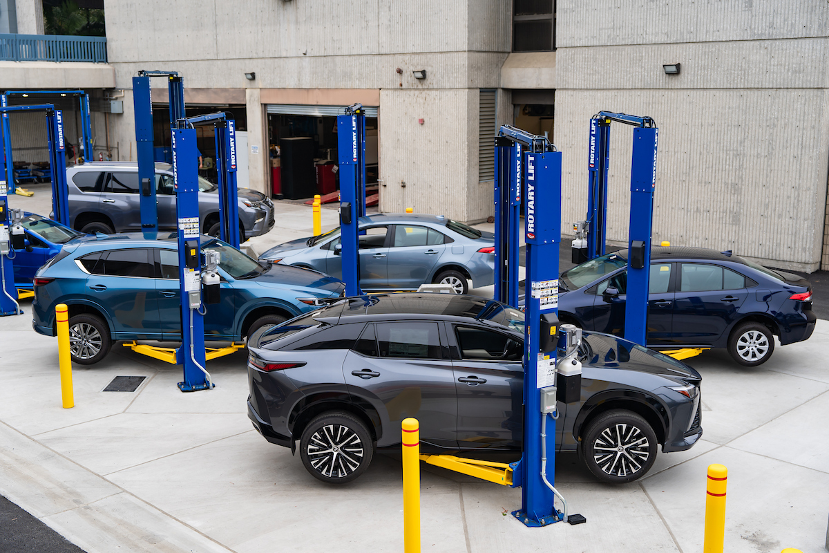 Cars on new lifts in Automotive Technology lot