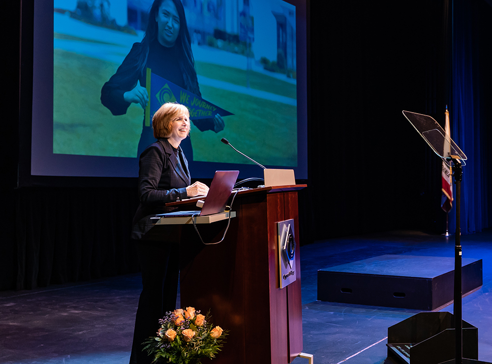 Dr. Joanna Schilling gives a warm address at the spring 2023 Opening Day ceremony.