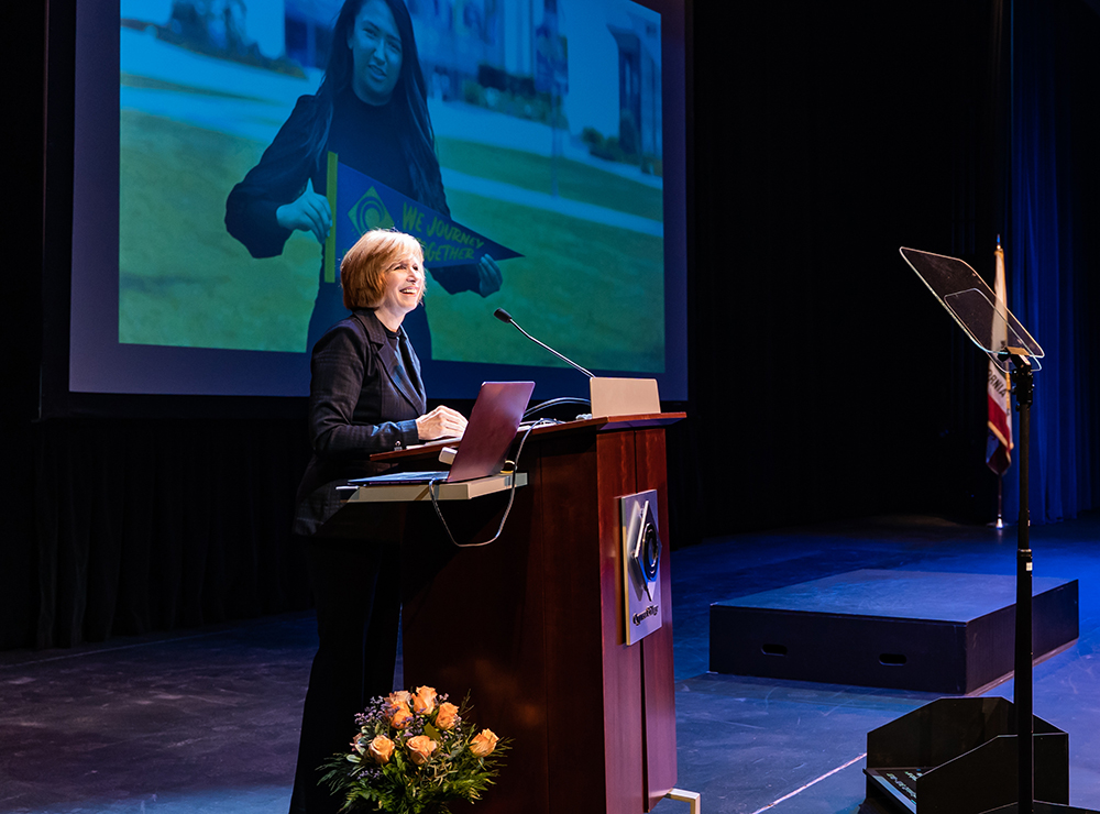 Dr. Joanna Schilling gives a warm address at the spring 2023 Opening Day ceremony.