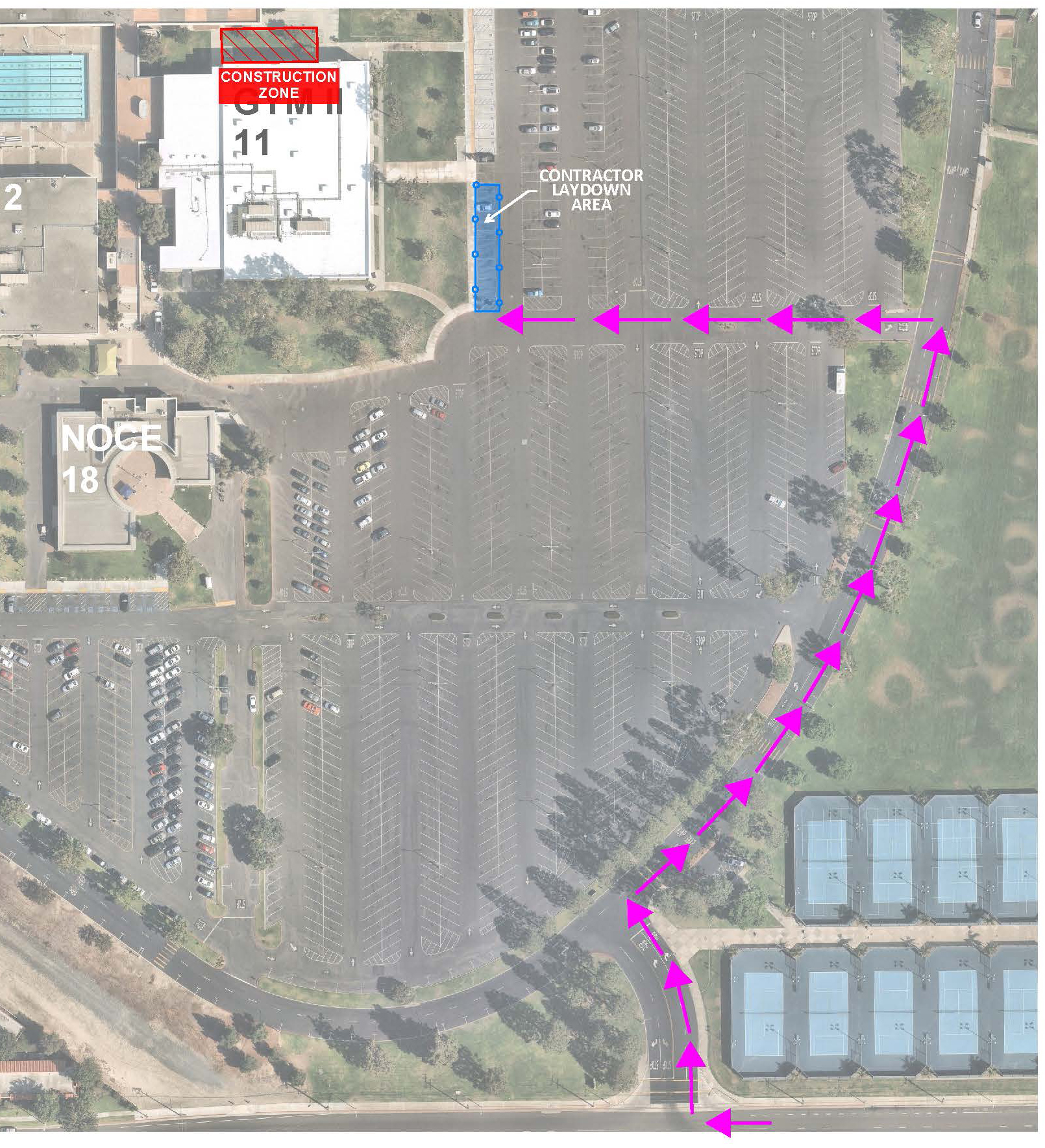 Site map highlighting the "Project Location" near Gymnasium 2, surrounded by various buildings and parking lots.