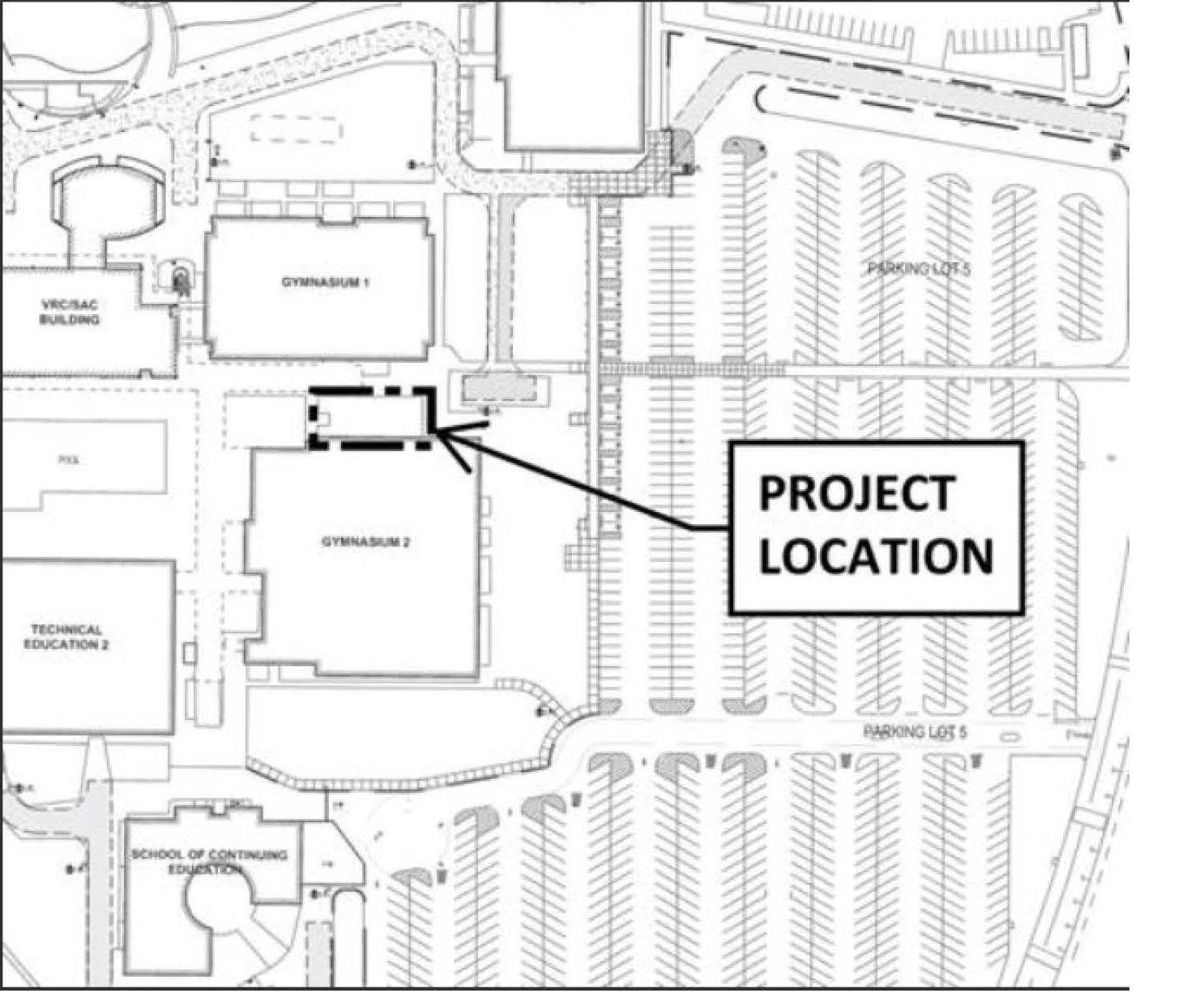 Site map highlighting the "Project Location" near Gymnasium 2, surrounded by various buildings and parking lots.