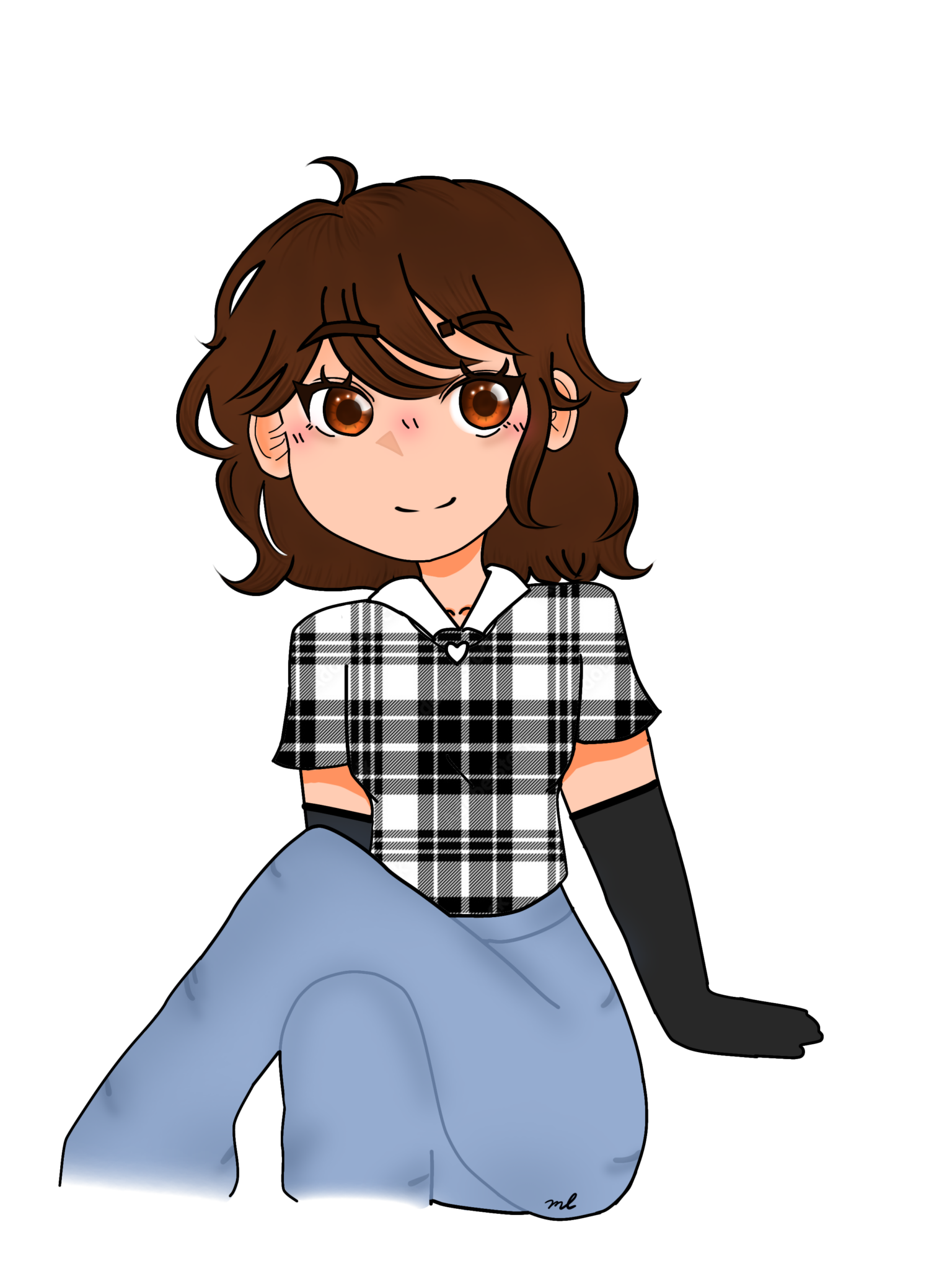 Anime drawing of girl sitting, wearing blue jeans and a black and white plaid top