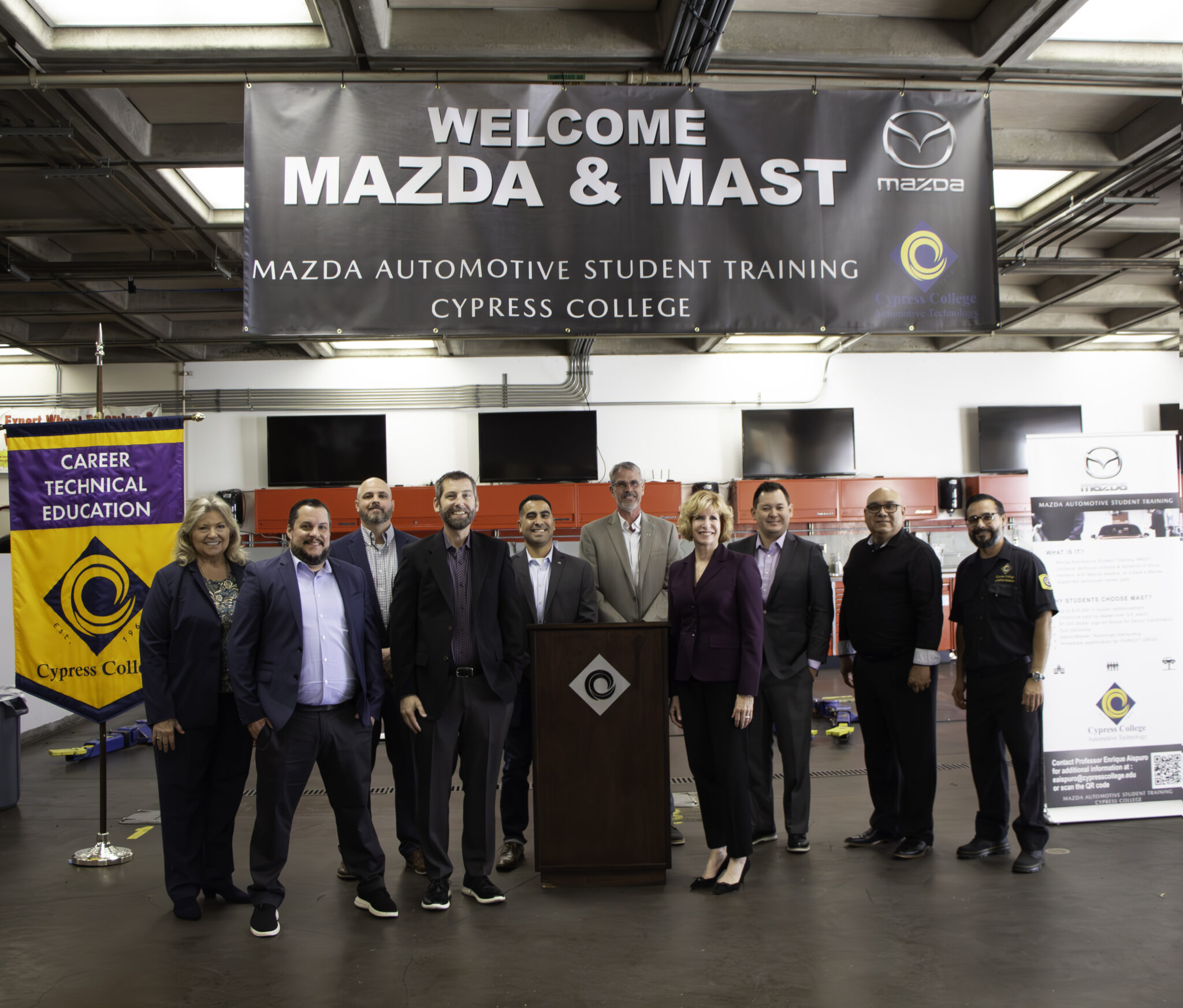 Members of Mazda North America Operations and the president, vice president of instruction, and faculty from Cypress College.