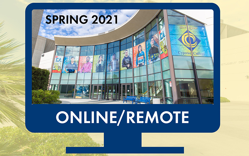 Computer screen with image of student center and words "spring 2021 online/remote"