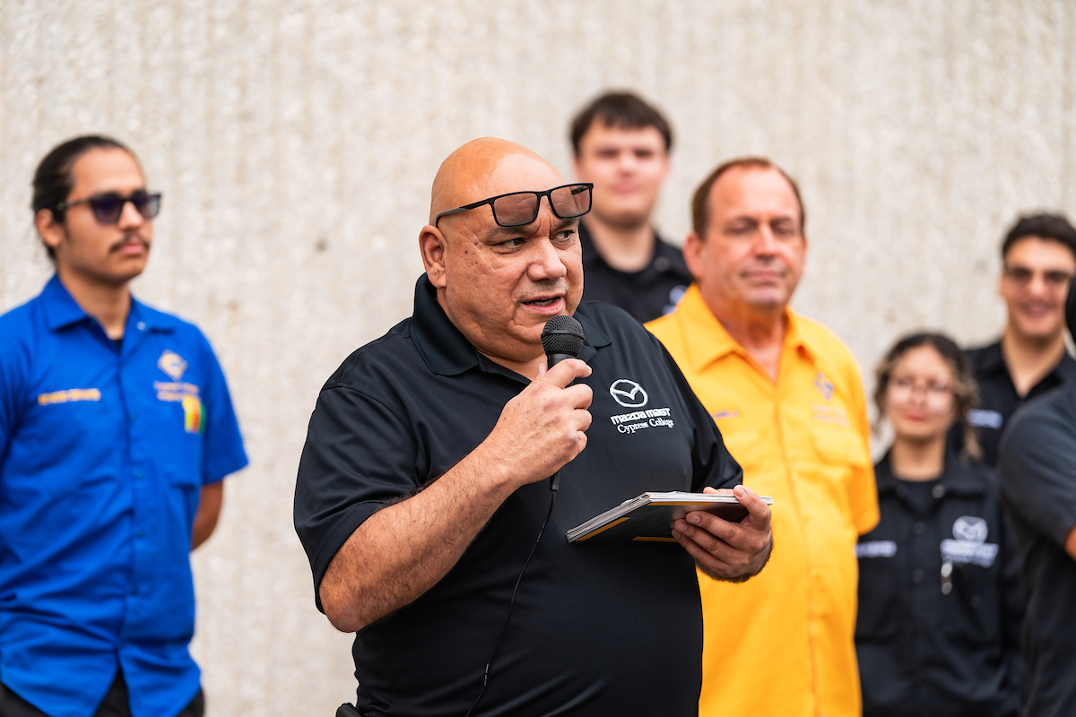 Marty Orozco leads dedication ceremony for auto lifts.