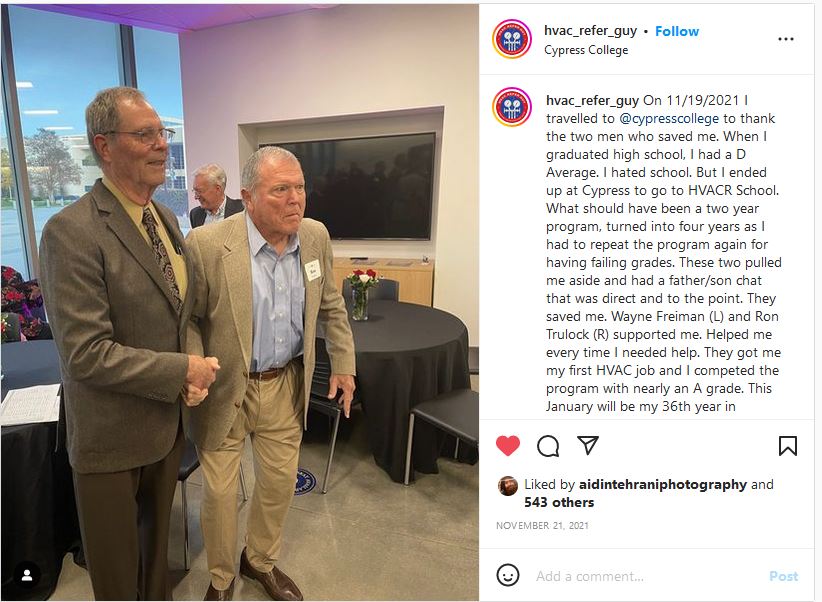 A screenshot of an Instagram post praising two older men who were mentors to article subject Mike Mayberry.