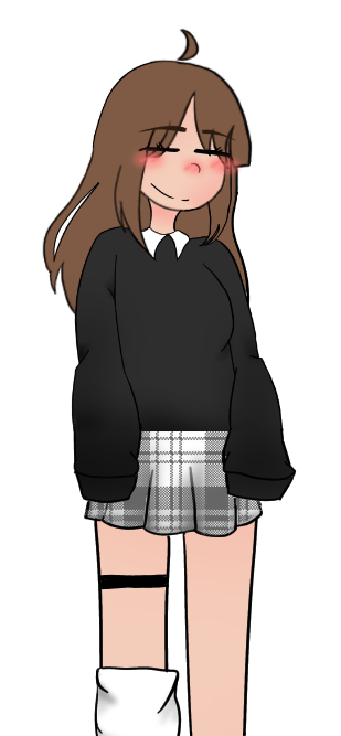 Anime drawing of girl standing, wearing a gray and white plaid mini skirt and a black sweater
