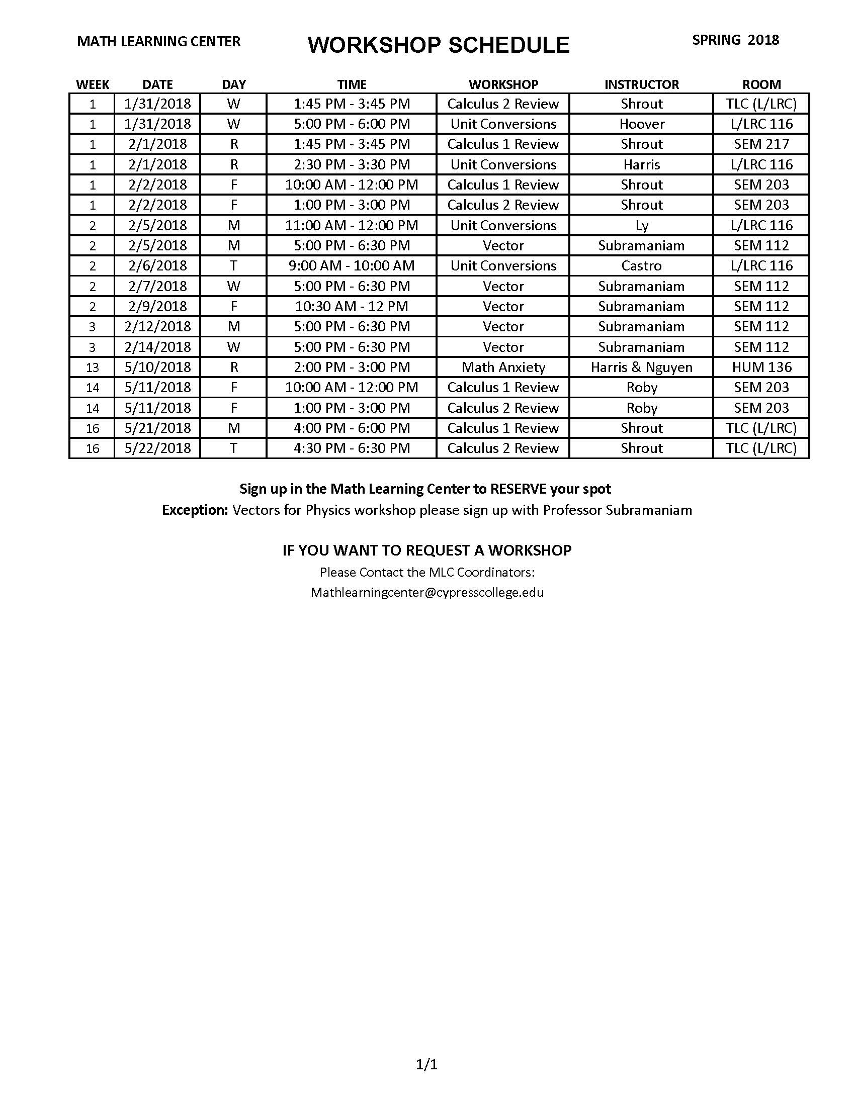 Spring 2018 Math Learning Center Workshop Schedule