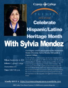 Celebrate Hispanic/Latino Heritage Month with Sylvia Mendez flyer.