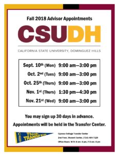 Fall 2018 Advisor Appointments CSUDS flyer.