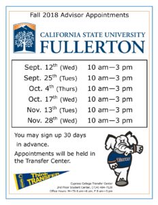 Fall 2018 Advisor Appointments California State University Fullerton flyer.