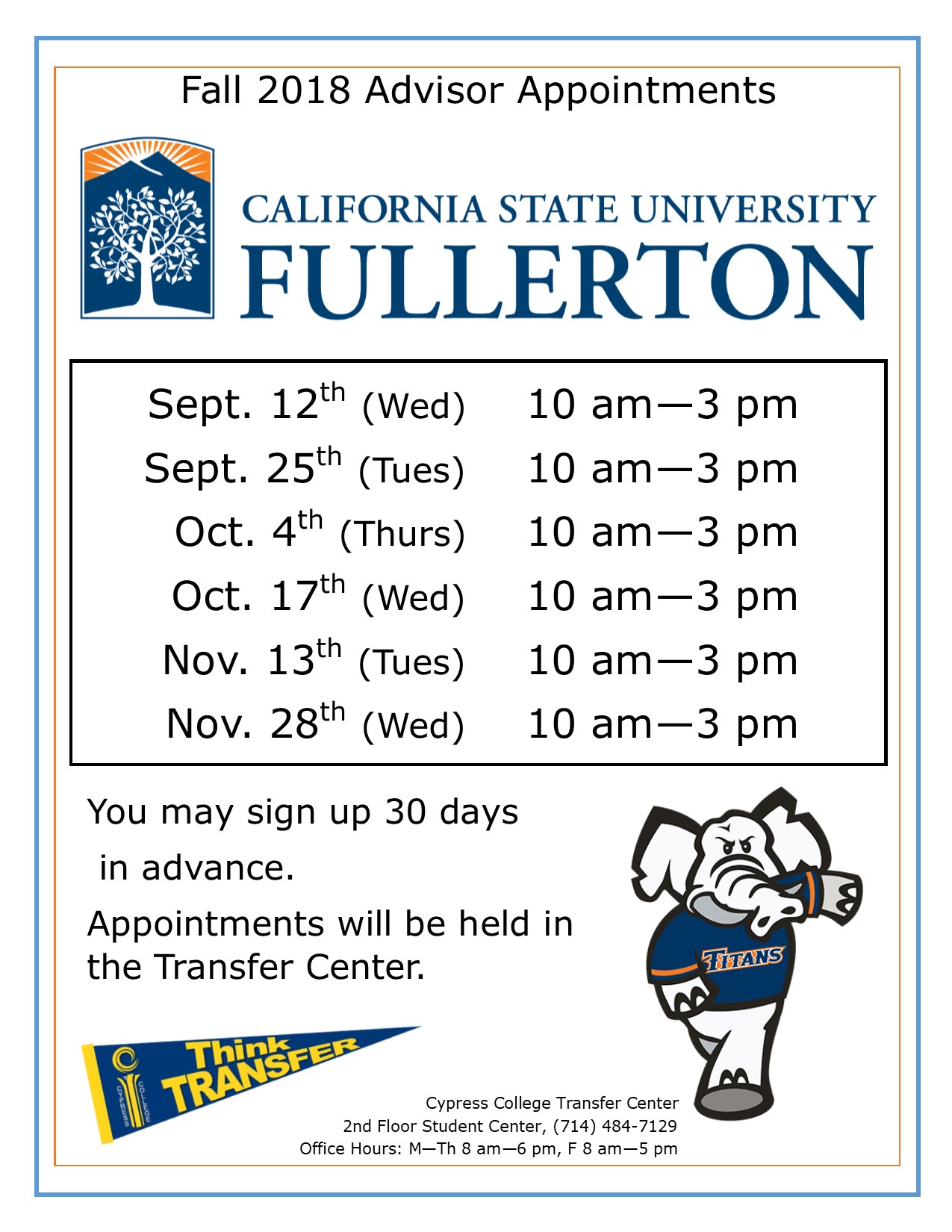 Fall 2018 Advisor Appointments California State University Fullerton flyer.