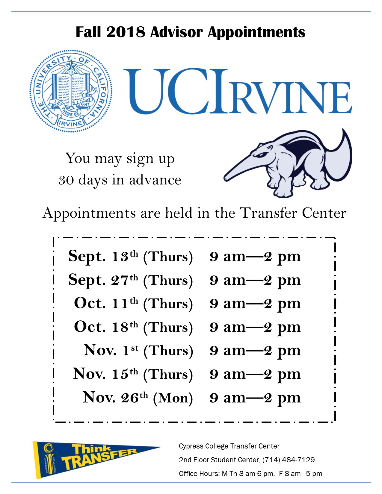 Fall 2018 Advisor Appointments UCIrvine flyer.