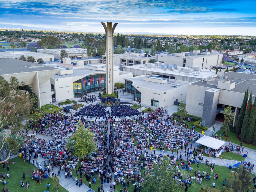 Drone image showing Cypress College's 50th commencement