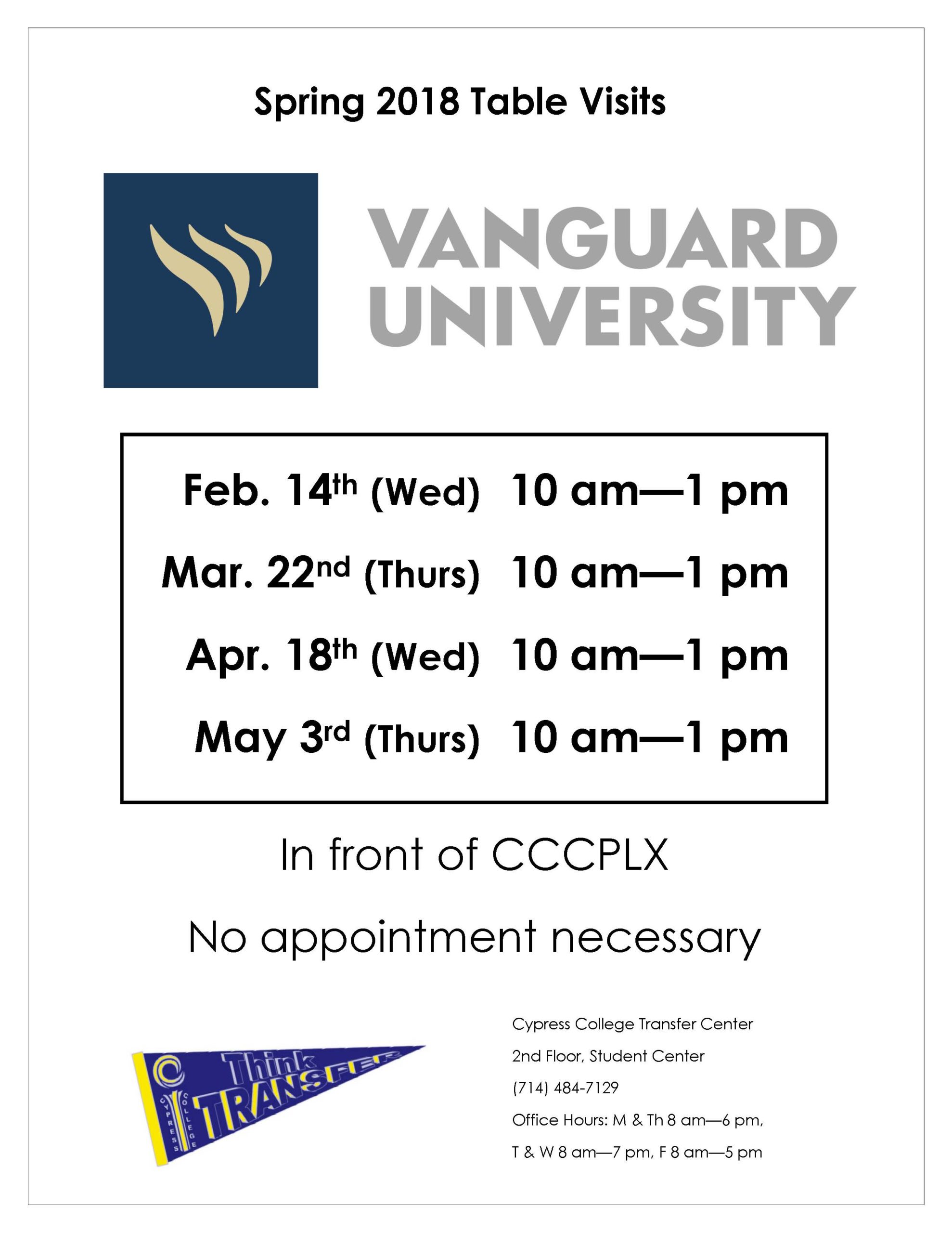 Vanguard University table visit flyer.