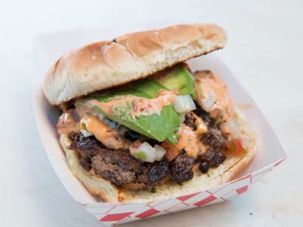 Hamburger with avocado and thousand island sauce