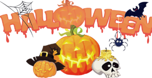 Halloween graphic with bat, skull, pumpkins and spiderweb.