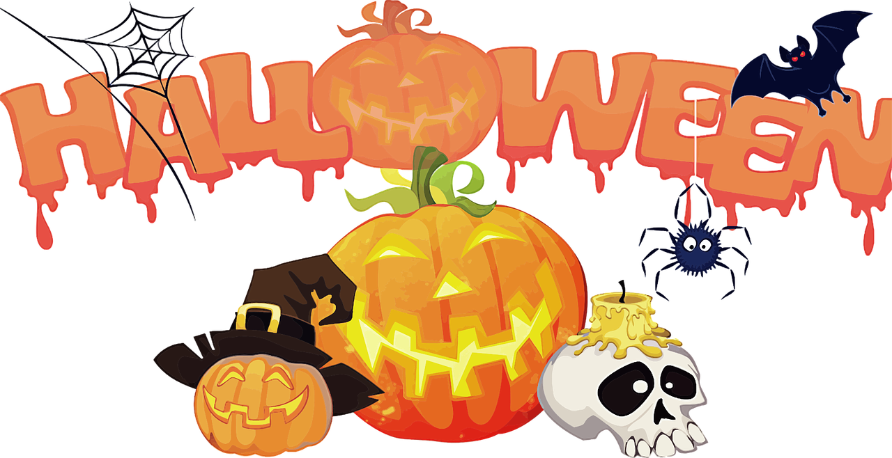 Halloween graphic with bat, skull, pumpkins and spiderweb.
