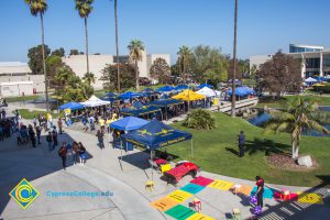 Aerial view of campus pond area with many blue, white and gold canopies lining the walkway.