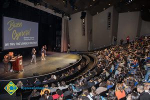 Speakers on stage at the Connect2CYpress & Majors2Careers with a full audience in the Theater.