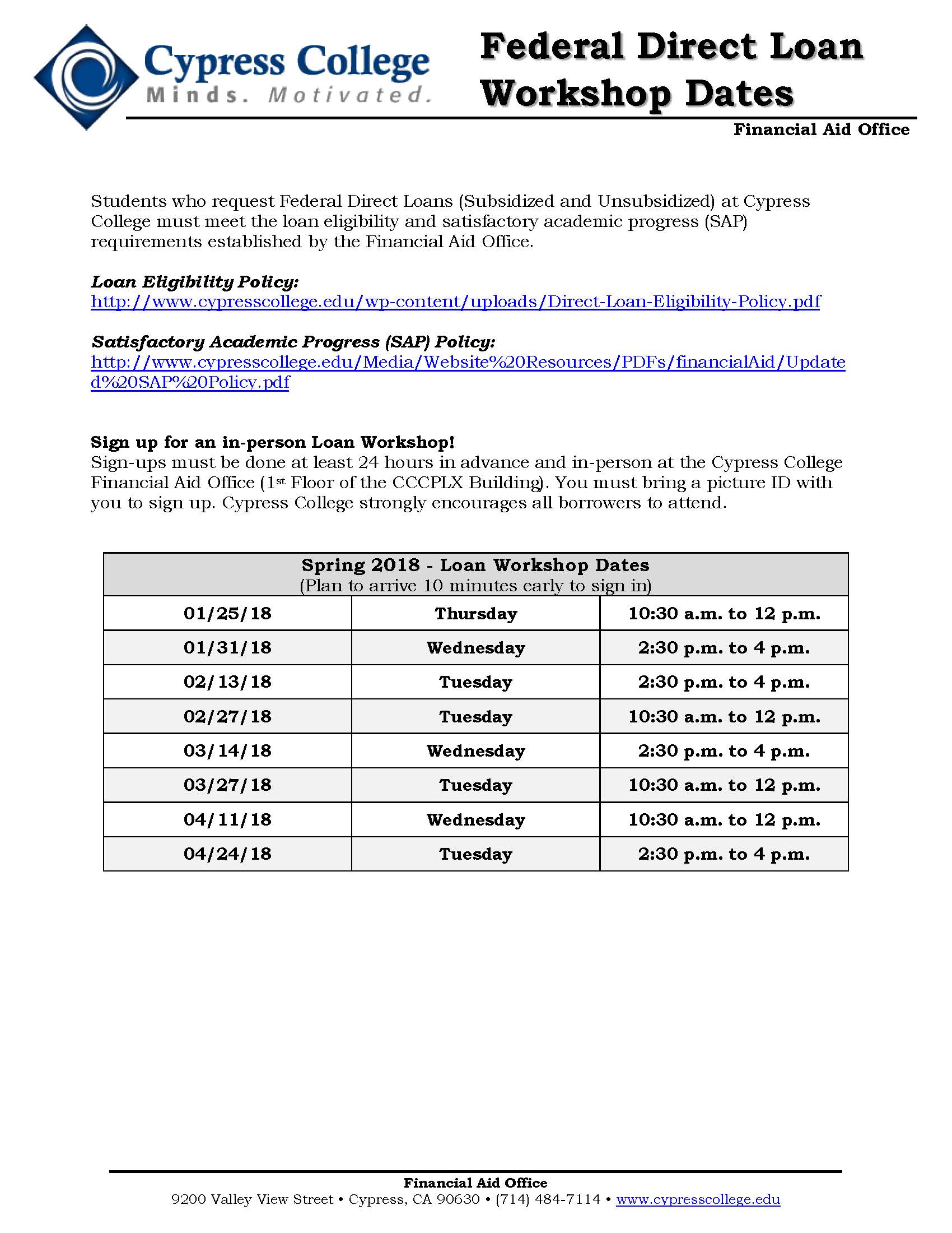Federal Direct Loan Workshop Disbursement Dates