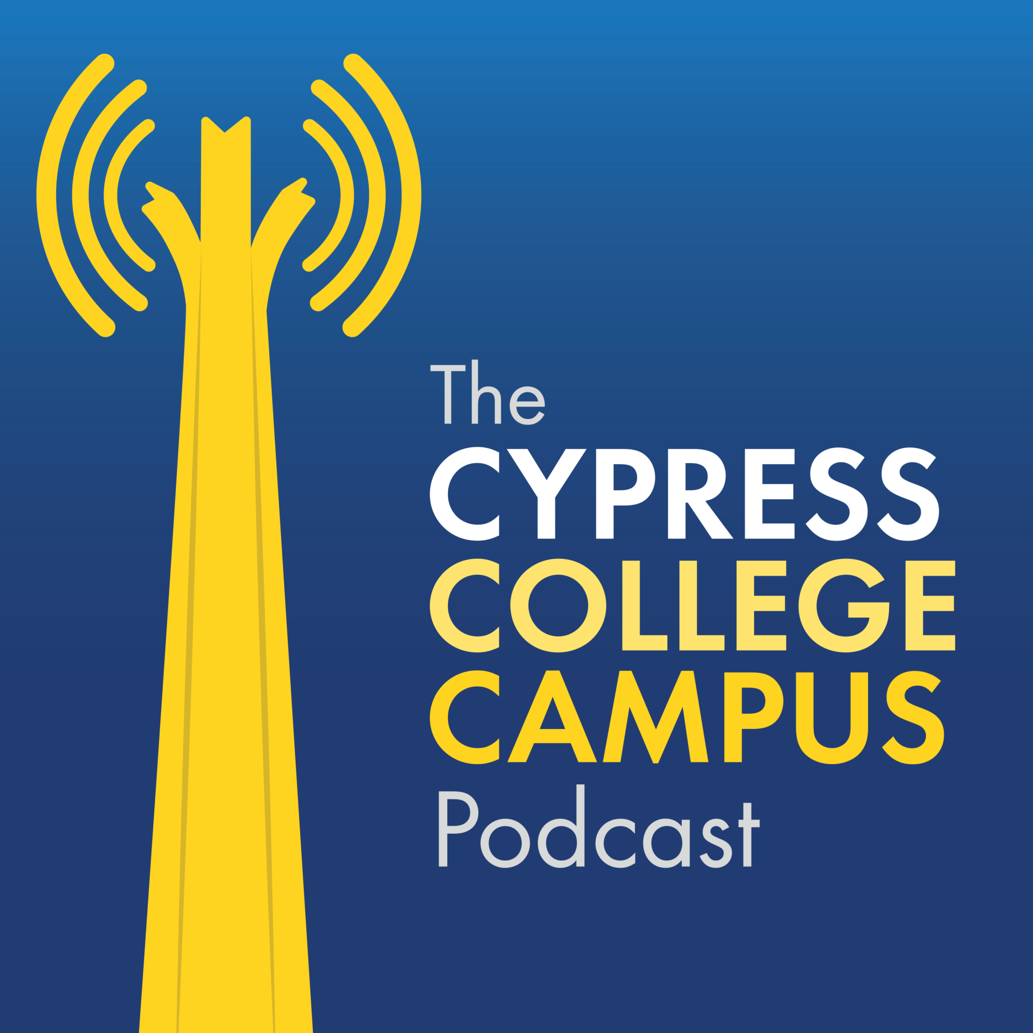 Cypress College Campus Podcast Logo. Shows the Cypress College campanile with sound waves illustrated at the top and the words "The Cypress College Campus Podcast."
