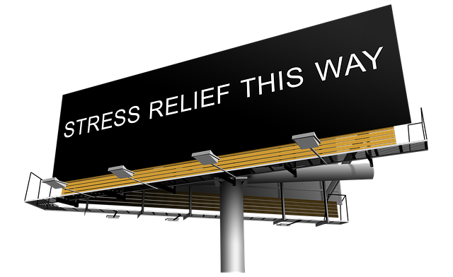Black billboard image with the words "Stress Relief This Way" in white letters.