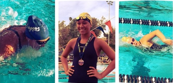 Photo collage of women swimming